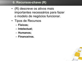 6. Recursos-chave (R)
• (R) descreve os ativos mais
  importantes necessários para fazer
  o modelo de negócios funcionar.
• Tipos de Recursos
  –   Físicos;
  –   Intelectual;
  –   Humanos;
  –   Financeiros.
 