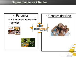 Segmentação de Clientes



   • Parceiros          • Consumidor Final
– PMEs prestadoras de
  serviço;
 