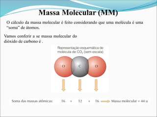 Massa Molecular (MM)
O cálculo da massa molecular é feito considerando que uma molécula é uma
“soma” de átomos.
Vamos conferir a se massa molecular do
dióxido de carbono é .
 