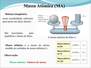 Massa Atômica (MA)
(com sensibilidade suficiente
para pesar um único átomo)
Balança imaginária:
Massa atômica é a massa do átomo
medida em unidades de massa atômica ().
São necessárias para
equilibrar o átomo de flúor; A massa atômica do flúor é .
Massa atômica Número de massa
Observação:
 