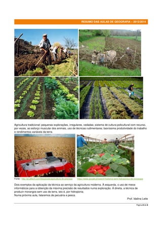 RESUMO DAS AULAS DE GEOGRAFIA – 2013/2014

Agricultura tradicional: pequenas explorações, irregulares, vedadas; sistema de cultura policultural com recurso,
por vezes, ao esforço muscular dos animais, uso de técnicas rudimentares; baixíssima produtividade do trabalho
e rendimentos variáveis da terra.

Fonte - http://pt.alltech.com/blog/posts/agricultura-de-precisao

https://www.google.pt/search?sistema-semi-hidroponico-de-morangos

Dois exemplos da aplicação da técnica ao serviço da agricultura moderna. À esquerda, o uso de meios
informáticos para a obtenção da máxima precisão de resultados numa exploração. À direita, a técnica de
produzir morangos sem uso de terra, isto é, por hidroponia.
Numa próxima aula, falaremos de pecuária e pesca.
Prof. Idalina Leite
Página 8 de 8

 