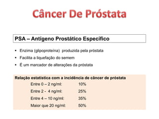 PSA – Antígeno Prostático Específico
 Enzima (glipoproteína) produzida pela próstata
 Facilita a liquefação do semem
 É um marcador de alterações da próstata
Relação estatística com a incidência de câncer de próstata
Entre 0 – 2 ng/ml: 10%
Entre 2 - 4 ng/ml: 25%
Entre 4 – 10 ng/ml: 35%
Maior que 20 ng/ml: 50%
 