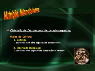 Nutrição Microbiana Obtenção de Cultura pura de um microrganismo - Meios de Cultura 1. definido - bactérias com alta capacidade biossintética 2. indefinido (complexo) - bactérias com capacidade biossintética limitada 