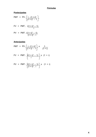 Fórmulas
Postecipadas
PMT = PV . i . (1 + i)n
(1 + i)n
- 1
FV = PMT . ((1 + i)n
- 1)
i
PV = PMT . ((1 + i)n
- 1)
(1 + i)n
. i
Antecipadas
PMT = PV . i . (1 + i)n
x 1
(1 + i)n
- 1 (1 + i)
FV = PMT . ((1 + i)n
- 1) x (1 + i)
i
PV = PMT . ((1 + i)n
- 1) x (1 + i)
(1 + i)n
. i
4
 