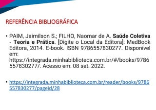 REFERÊNCIA BIBLIOGRÁFICA
• PAIM, Jairnilson S.; FILHO, Naomar de A. Saúde Coletiva
- Teoria e Prática. [Digite o Local da Editora]: MedBook
Editora, 2014. E-book. ISBN 9786557830277. Disponível
em:
https://integrada.minhabiblioteca.com.br/#/books/9786
557830277/. Acesso em: 08 set. 2022.
• https://integrada.minhabiblioteca.com.br/reader/books/9786
557830277/pageid/28
 