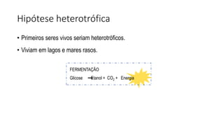 Hipótese heterotrófica
• Primeiros seres vivos seriam heterotróficos.
• Viviam em lagos e mares rasos.
FERMENTAÇÃO
Glicose Etanol + CO2 + Energia
 