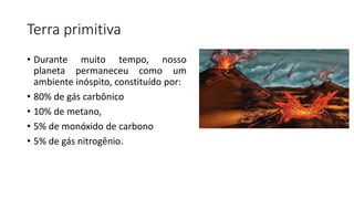 Terra primitiva
• Durante muito tempo, nosso
planeta permaneceu como um
ambiente inóspito, constituído por:
• 80% de gás carbônico
• 10% de metano,
• 5% de monóxido de carbono
• 5% de gás nitrogênio.
 
