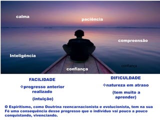 calma
paciência
Inteligência
compreensão
confiança
FACILIDADE
progresso anterior
realizado
(intuição)
DIFICULDADE
natureza em atraso
(tem muito a
aprender)
O Espiritismo, como Doutrina reencarnacionista e evolucionista, tem na sua
Fé uma consequência desse progresso que o indivíduo vai pouco a pouco
conquistando, vivenciando.
confiança
 