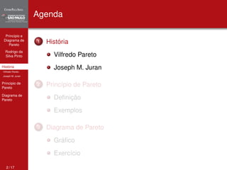 Princípio e 
Diagrama de 
Pareto 
Rodrigo da 
Silva Pinto 
História 
Vilfredo Pareto 
Joseph M. Juran 
Princípio de 
Pareto 
Diagrama de 
Pareto 
Agenda 
1 História 
Vilfredo Pareto 
Joseph M. Juran 
2 Princípio de Pareto 
Definição 
Exemplos 
3 Diagrama de Pareto 
Gráfico 
Exercício 
2 / 17 
 