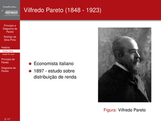 Princípio e 
Diagrama de 
Pareto 
Rodrigo da 
Silva Pinto 
História 
Vilfredo Pareto 
Joseph M. Juran 
Princípio de 
Pareto 
Diagrama de 
Pareto 
Vilfredo Pareto (1848 - 1923) 
Economista italiano 
1897 - estudo sobre 
distribuição de renda 
Figura: Vilfredo Pareto 
3 / 17 
 