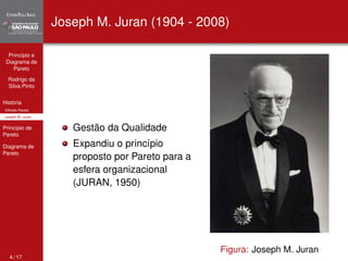 Princípio e 
Diagrama de 
Pareto 
Rodrigo da 
Silva Pinto 
História 
Vilfredo Pareto 
Joseph M. Juran 
Princípio de 
Pareto 
Diagrama de 
Pareto 
Joseph M. Juran (1904 - 2008) 
Gestão da Qualidade 
Expandiu o princípio 
proposto por Pareto para a 
esfera organizacional 
(JURAN, 1950) 
Figura: Joseph M. Juran 
4 / 17 
 