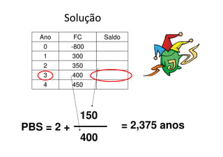 Solução
   Ano       FC      Saldo
    0       -800    -800,00
    1        300    -500,00
    2        350    -150,00
    3        400    250,00
    4        450    700,00




              150
PBS = 2 +                 = 2,375 anos
              400
 
