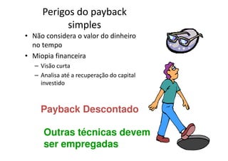 Perigos do payback
           simples
• Não considera o valor do dinheiro
  no tempo
• Miopia financeira
   – Visão curta
   – Analisa até a recuperação do capital
     investido



     Payback Descontado

      Outras técnicas devem
      ser empregadas
 