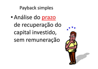 Payback simples
• Análise do prazo
  de recuperação do
  capital investido,
  sem remuneração
 