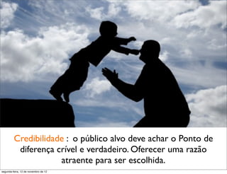 Credibilidade : o público alvo deve achar o Ponto de
          diferença crível e verdadeiro. Oferecer uma razão
                     atraente para ser escolhida.
segunda-feira, 12 de novembro de 12
 