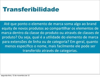 Transferibilidade

 Até	
  que	
  ponto	
  o	
  elemento	
  de	
  marca	
  soma	
  algo	
  ao	
  brand	
  
equity	
  de	
  novos	
  produtos	
  ao	
  compar5lhar	
  os	
  elementos	
  de	
  
marca	
  dentro	
  da	
  classe	
  do	
  produto	
  ou	
  através	
  de	
  classes	
  de	
  
produto?	
  Ou	
  seja,	
  qual	
  é	
  a	
  u5lidade	
  do	
  elemento	
  de	
  marca	
  
para	
  extensões	
  de	
  linha	
  ou	
  de	
  categoria?	
  Em	
  geral,	
  quanto	
  
  menos	
  especíﬁco	
  o	
  nome,	
  mais	
  facilmente	
  ele	
  pode	
  ser	
  
                  transferido	
  através	
  de	
  categorias.




segunda-feira, 12 de novembro de 12
 