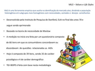 VALS – Values e Life Styles
• Desenvolvido pelo Instituto de Pesquisa de Stanford, EUA no final dos anos 70 e
segue sendo aprimorado
• Baseado na teoria de necessidade de Maslow
• A medição no início era feita por um questionário composto
de 66 itens em que os consumidores concordavam ou
discordavam de questões relacionadas as AIOs
• Hoje é composto de 39 itens, sendo 35 de caráter
psicológico e 4 de caráter demográfico
• TGI IBOPE é feita com base nesta metodologia
VALS é uma ferramenta empírica que auxilia na identificação do mercado alvo, dividindo a população
heterogênea em subgrupos mais homogêneos com necessidades, vontades e desejos semelhantes
 