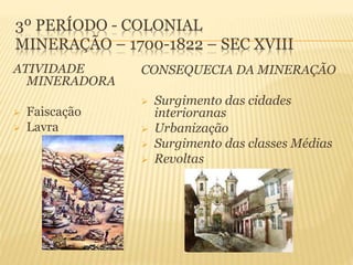 3º PERÍODO - COLONIAL
MINERAÇÃO – 1700-1822 – SEC XVIII
ATIVIDADE
MINERADORA
 Faiscação
 Lavra
CONSEQUECIA DA MINERAÇÃO
 Surgimento das cidades
interioranas
 Urbanização
 Surgimento das classes Médias
 Revoltas
 