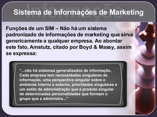 Sistema de Informações de Marketing Informação Funções de um SIM – Não há um sistema padronizado de informações de marketi...