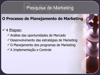 O Processo de Planejamento de Marketing 4 Etapas: Análise das oportunidades de Mercado Desenvolvimento das estratégias de Marketing O Planejamento dos programas de Marketing A Implementação e Controle Pesquisa Pesquisa de Marketing 
