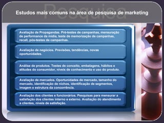 Estudos mais comuns na área de pesquisa de marketing Pesquisa Avaliação de Propagandas. Pré-testes de campanhas, mensuração de performance da mídia, teste de memorização de campanhas, recall, pós-testes de campanhas. Avaliação de negócios. Previsões, tendências, novas oportunidades. Análise de produtos. Testes de conceito, embalagens, hábitos e atitudes do consumidor, níveis de conhecimento e uso do produto. Avaliação de mercados. Oportunidades de mercado, tamanho do mercado, identificação de nichos, identificação de segmentos, imagem e estrutura da concorrência. Avaliação dos clientes e funcionários. Pesquisas para mensurar a satisfação dos clientes interno e externo. Avaliação do atendimento a clientes, níveis de satisfação. 