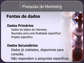 Fontes de dados Dados Primários Dados do tópico de interesse, Reunidos para uma finalidade específica/ Projeto específico Dados Secundários Dados já coletados, disponíveis para  consulta. Não respondem a perguntas específicas Pesquisa Pesquisa de Marketing 