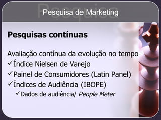 Pesquisas contínuas Avaliação contínua da evolução no tempo Índice Nielsen de Varejo Painel de Consumidores (Latin Panel) Índices de Audiência (IBOPE) Dados de audiência/  People Meter Pesquisa Pesquisa de Marketing 