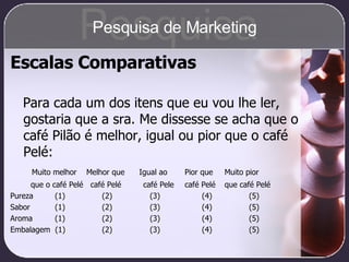 Escalas Comparativas Para cada um dos itens que eu vou lhe ler, gostaria que a sra. Me dissesse se acha que o café Pilão é melhor, igual ou pior que o café Pelé:   Muito melhor  Melhor que  Igual ao Pior que   Muito pior   que o café Pelé  café Pelé  café Pele café Pelé   que café Pelé Pureza   (1)   (2) (3)   (4)   (5) Sabor   (1)   (2) (3)   (4)   (5) Aroma    (1)    (2) (3)   (4)   (5) Embalagem  (1)    (2) (3)   (4)   (5) Pesquisa Pesquisa de Marketing 