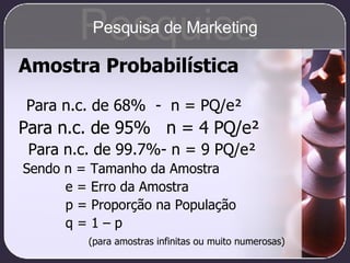 Amostra Probabilística Para n.c. de 68%  -  n = PQ/e² Para n.c. de 95%  n = 4 PQ/e² Para n.c. de 99.7%- n = 9 PQ/e² Sendo n = Tamanho da Amostra e = Erro da Amostra p = Proporção na População q = 1 – p (para amostras infinitas ou muito numerosas) Pesquisa Pesquisa de Marketing 