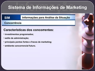Sistema de Informações de Marketing Informação SIM Informações para Análise da Situação Concorrência Características dos concorrentes: investimentos programados; estilo de administração; principais pontos fortes e fracos de marketing; ambiente concorrencial futuro. 