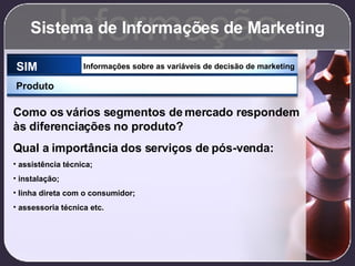 Sistema de Informações de Marketing Informação SIM Informações sobre as variáveis de decisão de marketing Produto Como os vários segmentos de mercado respondem às diferenciações no produto? Qual a importância dos serviços de pós-venda: assistência técnica; instalação; linha direta com o consumidor; assessoria técnica etc. 