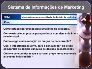Sistema de Informações de Marketing Informação SIM Informações sobre as variáveis de decisão de marketing Preço Como estabelecer preços para uma linha de produtos? Como estabelecer preços para produtos com demanda inter-relacionada? Como reagir a uma redução de preços do concorrente? Qual a importância relativa, para o consumidor, do preço comparado às demais variáveis de decisão de marketing? Como o consumidor reage à variável preço numa economia altamente inflacionária? 