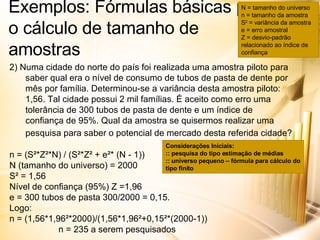 Exemplos: Fórmulas básicas para o cálculo de tamanho de amostras 2) Numa cidade do norte do país foi realizada uma amostra piloto para saber qual era o nível de consumo de tubos de pasta de dente por mês por família. Determinou-se a variância desta amostra piloto: 1,56. Tal cidade possui 2 mil famílias. É aceito como erro uma tolerância de 300 tubos de pasta de dente e um índice de confiança de 95%. Qual da amostra se quisermos realizar uma pesquisa para saber o potencial de mercado desta referida cidade?   n = (S²*Z²*N) / (S²*Z² + e²* (N - 1)) N (tamanho do universo) = 2000 S² = 1,56 Nível de confiança (95%) Z =1,96 e = 300 tubos de pasta 300/2000 = 0,15. Logo: n = (1,56*1,96²*2000)/(1,56*1,96²+0,15²*(2000-1)) n = 235 a serem pesquisados N = tamanho do universo n = tamanho da amostra S 2  = variância da amostra e = erro amostral Z = desvio-padrão relacionado ao índice de confiança Considerações Iniciais: :: pesquisa do tipo estimação de médias :: universo pequeno – fórmula para cálculo do tipo finito 