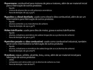 querosene: combustível para motores de jatos e tratores, além de ser material inicial
para a fabricação de outros produtos
◦ líquido
◦ mistura de alcanos (de 10 a 18 carbonos) e aromáticos
◦ faixa de ebulição: de 175 a 325°C
gasóleo ou diesel destilado: usado como diesel e óleo combustível, além de ser um
intermediário para fabricação de outros produtos
◦ líquido
◦ alcanos contendo 12 ou mais átomos de carbono
◦ faixa de ebulição: de 250 a 350°C
óleo lubrificante: usado para óleo de motor, graxa e outros lubrificantes
◦ líquido
◦ alcanos, cicloalnos e aromáticos de cadeias longas (de 20 a 50 átomos de carbono)
◦ faixa de ebulição: de 300 a 370°C
petróleo pesado ou óleo combustível: usado como combustível industrial, também
serve como intermediário na fabricação de outros produtos
◦ líquido
◦ alcanos, cicloalcanos e aromáticos de cadeia longa (de 20 a 70 átomos de carbono)
◦ faixa de ebulição: de 370 a 600°C
resíduos: coque, asfalto, alcatrão, breu, ceras, além de ser material inicial para
fabricação de outros produtos
◦ sólido
◦ compostos com vários anéis com 70 átomos de carbono ou mais
◦ faixa de ebulição: mais de 600°C
 