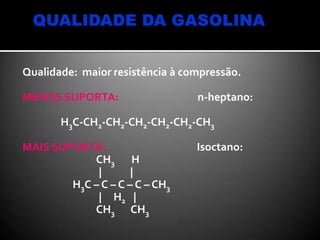 Qualidade: maior resistência à compressão.
MENOS SUPORTA: n-heptano:
H3C-CH2-CH2-CH2-CH2-CH2-CH3
MAIS SUPORTA: Isoctano:
CH3 H
| |
H3C – C – C – C – CH3
| H2 |
CH3 CH3
 