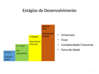 Estágios de Desenvolvimento
13
(0-2anos)
Sensório-
motor
(2 -7 anos)
Pré-
operacional
(7-12anos)
Operacional
Concreto
(após 12
anos)
Operacional
Formal
• Universais
• Fixos
• Complexidade Crescente
• Faixa de Idade
 