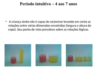 Período intuitivo – 4 aos 7 anos
• A criança ainda não é capaz de raciocinar levando em conta as
relações entre várias dimensões envolvidas (largura e altura do
copo). Seu ponto de vista prevalece sobre as relações lógicas.
 
