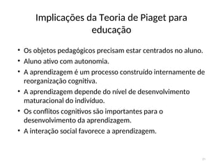 Implicações da Teoria de Piaget para
educação
• Os objetos pedagógicos precisam estar centrados no aluno.
• Aluno ativo com autonomia.
• A aprendizagem é um processo construído internamente de
reorganização cognitiva.
• A aprendizagem depende do nível de desenvolvimento
maturacional do indivíduo.
• Os conflitos cognitivos são importantes para o
desenvolvimento da aprendizagem.
• A interação social favorece a aprendizagem.
21
 