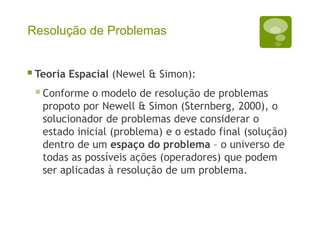 Resolução de Problemas
Teoria Espacial (Newel & Simon):
Conforme o modelo de resolução de problemas
propoto por Newell & Simon (Sternberg, 2000), o
solucionador de problemas deve considerar o
estado inicial (problema) e o estado final (solução)
dentro de um espaço do problema – o universo de
todas as possíveis ações (operadores) que podem
ser aplicadas à resolução de um problema.
 