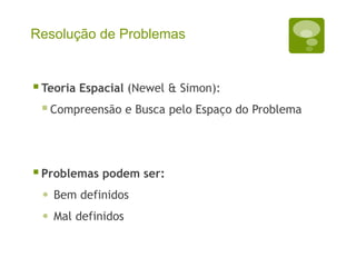 Resolução de Problemas
Teoria Espacial (Newel & Simon):
Compreensão e Busca pelo Espaço do Problema
Problemas podem ser:
• Bem definidos
• Mal definidos
 