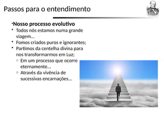 Passos para o entendimento
•Nosso processo evolutivo
 Todos nós estamos numa grande
viagem...
 Fomos criados puros e ignorantes;
 Partimos da centelha divina para
nos transformarmos em Luz;
o Em um processo que ocorre
eternamente...
o Através da vivência de
sucessivas encarnações...
 