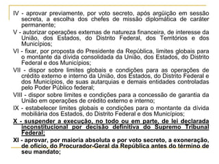 IV - aprovar previamente, por voto secreto, após argüição em sessão secreta, a escolha dos chefes de missão diplomática de caráter permanente;V - autorizar operações externas de natureza financeira, de interesse da União, dos Estados, do Distrito Federal, dos Territórios e dos Municípios;VI - fixar, por proposta do Presidente da República, limites globais para o montante da dívida consolidada da União, dos Estados, do Distrito Federal e dos Municípios;VII - dispor sobre limites globais e condições para as operações de crédito externo e interno da União, dos Estados, do Distrito Federal e dos Municípios, de suas autarquias e demais entidades controladas pelo Poder Público federal;VIII - dispor sobre limites e condições para a concessão de garantia da União em operações de crédito externo e interno;IX - estabelecer limites globais e condições para o montante da dívida mobiliária dos Estados, do Distrito Federal e dos Municípios;X - suspender a execução, no todo ou em parte, de lei declarada inconstitucional por decisão definitiva do Supremo Tribunal Federal;XI - aprovar, por maioria absoluta e por voto secreto, a exoneração, de ofício, do Procurador-Geral da República antes do término de seu mandato;