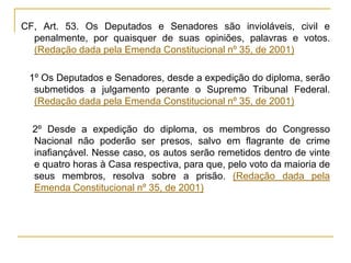 CF, Art. 53. Os Deputados e Senadores são invioláveis, civil e penalmente, por quaisquer de suas opiniões, palavras e votos. (Redação dada pela Emenda Constitucional nº 35, de 2001)§ 1º Os Deputados e Senadores, desde a expedição do diploma, serão submetidos a julgamento perante o Supremo Tribunal Federal. (Redação dada pela Emenda Constitucional nº 35, de 2001)§ 2º Desde a expedição do diploma, os membros do Congresso Nacional não poderão ser presos, salvo em flagrante de crime inafiançável. Nesse caso, os autos serão remetidos dentro de vinte e quatro horas à Casa respectiva, para que, pelo voto da maioria de seus membros, resolva sobre a prisão. (Redação dada pela Emenda Constitucional nº 35, de 2001)