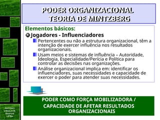 Antonio
Virgilio B.
Bastos
UFBa
PODER ORGANIZACIONAL
PODER ORGANIZACIONAL
TEORIA DE MINTZBERG
TEORIA DE MINTZBERG
Elementos básicos:
Jogadores - Influenciadores
Pertencentes ou não a estrutura organizacional, têm a
intenção de exercer influência nos resultados
organizacionais.
Usam meios e sistemas de influência – Autoridade,
Ideologia, Especialidade/Perícia e Política para
controlar as decisões nas organizações.
Análise organizacional implica em: identificar os
influenciadores, suas necessidades e capacidade de
exercer o poder para atender suas necessidades.
PODER COMO FORÇA MOBILIZADORA /
CAPACIDADE DE AFETAR RESULTADOS
ORGANIZACIONAIS
 
