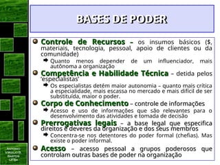 Antonio
Virgilio B.
Bastos
UFBa
Controle de Recursos
Controle de Recursos –
– os insumos básicos ($,
materiais, tecnologia, pessoal, apoio de clientes ou da
comunidade)
 Quanto menos depender de um influenciador, mais
autônoma a organização
Competência e Habilidade Técnica
Competência e Habilidade Técnica – detida pelos
‘especialistas’
 Os especialistas detém maior autonomia – quanto mais crítica
a especialidade, mais escassa no mercado e mais difícil de ser
substituída, maior o poder.
Corpo de Conhecimento
Corpo de Conhecimento – controle de informações
controle de informações
 Acesso e uso de informações que são relevantes para o
desenvolvimento das atividades e tomada de decisão
Prerrogativas legais
Prerrogativas legais – a base legal que especifica
a base legal que especifica
direitos e deveres da organização e dos seus membros
direitos e deveres da organização e dos seus membros
 Concentra-se nos detentores do poder formal (chefias). Mas
existe o poder informal.
Acesso
Acesso – acesso pessoal a grupos poderosos que
acesso pessoal a grupos poderosos que
controlam outras bases de poder na organização
controlam outras bases de poder na organização
BASES DE PODER
BASES DE PODER
 