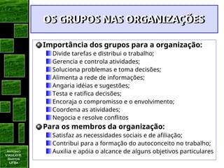 Antonio
Virgilio B.
Bastos
UFBa
OS GRUPOS NAS ORGANIZAÇÕES
OS GRUPOS NAS ORGANIZAÇÕES
Importância dos grupos para a organização:
Divide tarefas e distribui o trabalho;
Gerencia e controla atividades;
Soluciona problemas e toma decisões;
Alimenta a rede de informações;
Angaria idéias e sugestões;
Testa e ratifica decisões;
Encoraja o compromisso e o envolvimento;
Coordena as atividades;
Negocia e resolve conflitos
Para os membros da organização:
Satisfaz as necessidades sociais e de afiliação;
Contribui para a formação do autoconceito no trabalho;
Auxilia e apóia o alcance de alguns objetivos particulares
 