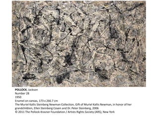 POLLOCK, Jackson 
Number 28 
1950 
Enamel on canvas, 173 x 266.7 cm 
The Muriel Kallis Steinberg Newman Collection, Gift of Muriel Kallis Newman, in honor of her 
grandchildren, Ellen Steinberg Coven and Dr. Peter Steinberg, 2006 
© 2011 The Pollock-Krasner Foundation / Artists Rights Society (ARS), New York 
 