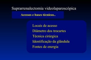 Suprarrenalectomia videolaparoscópica  Acessos e bases técnicas.. Locais de acesso Diâmetro dos trocartes Técnica cirúrgica Identificação da glândula Fontes de energia 