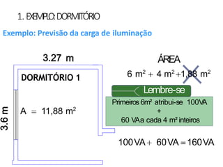 1.EXEMPL
O:DORMITÓRIO
A = 11,88 m2
DORMITÓRIO 1
100VA + 60VA =160VA
Lembre-se
Primeiros 6m² atribui-se 100V
A
+
60 VAa cada 4 m² inteiros
Exemplo: Previsão da carga de iluminação
ÁREA
6 m2
+ 4 m2
+1,88 m2
 