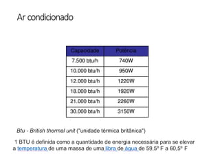 Ar condicionado
Btu - British thermal unit ("unidade térmica britânica")
1 BTU é definida como a quantidade de energia necessária para se elevar
a temperatura de uma massa de uma libra de água de 59,5º F a 60,5º F
 